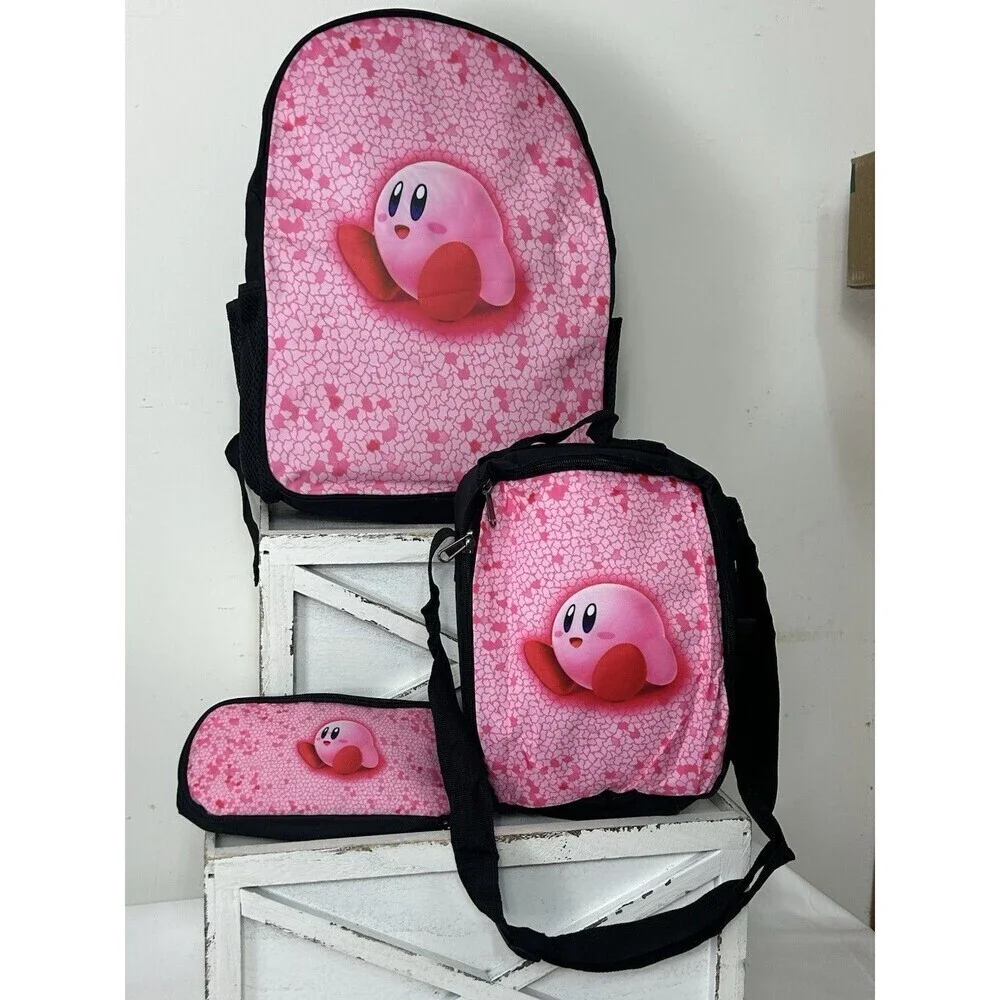 Kirby Cartoon Game Student School Backpack 3pc Set Insulated‎ Lunch Bag Pen Bag